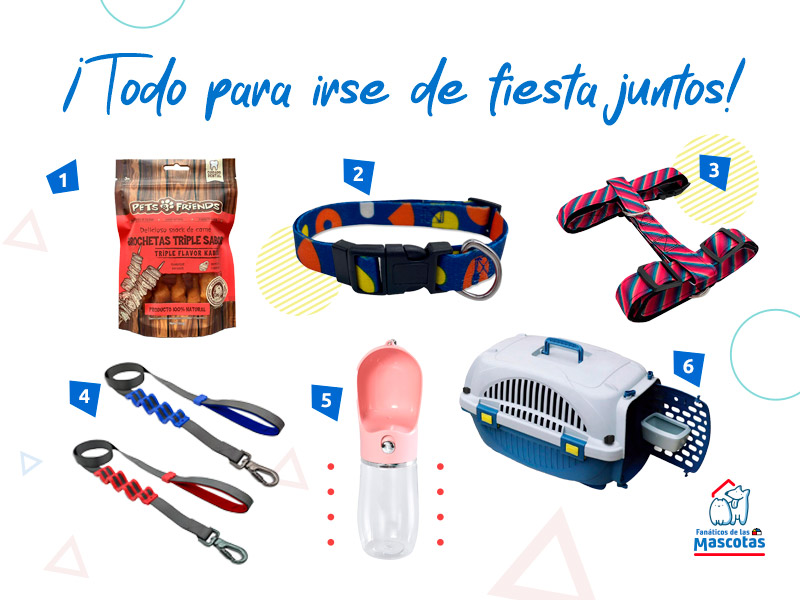 collar para perro, caja transportadora para mascotas, snack para mascotas, bebedero portátil, correa para perro. 