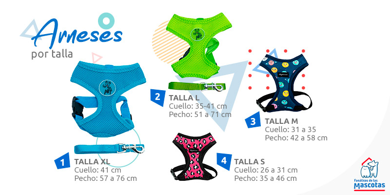 selección de arneses con talla. Al hacer clic lleva a la tienda de mascotas de Sodimac.com