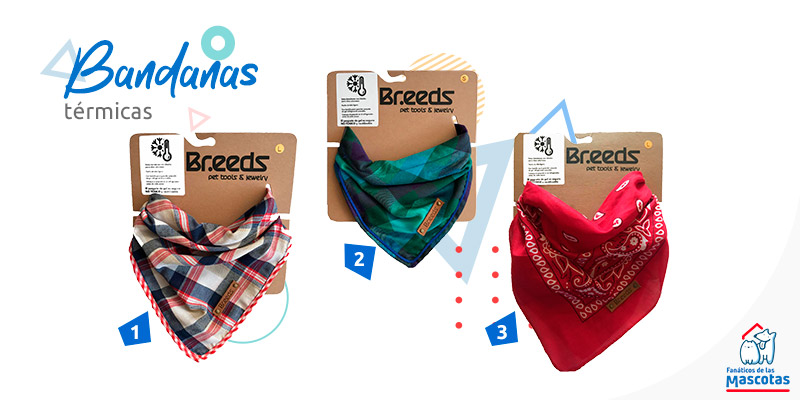 Selección de tres bandanas térmicas para perro. La primera con un estampado en cuadrillé, la segunda con estampado en tonos verdes y la tercera con estampado rojo