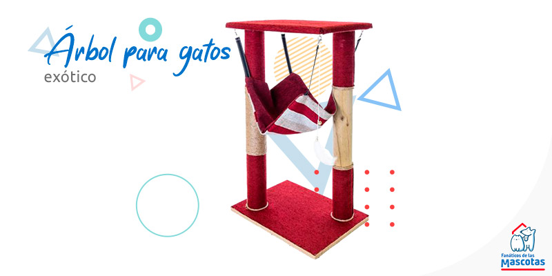 árbol para gatos rojo con camita y juguete. Enlaza a la sección de rascadores y árboles para gatos de Sodimac.com