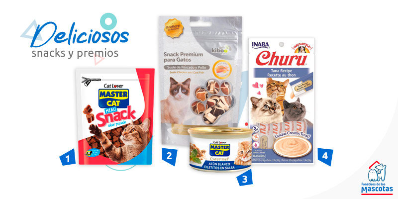 distintos tipos de snacks y Churu para gatos