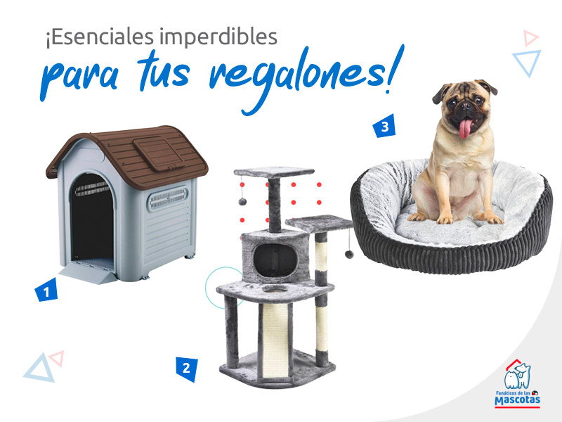 Una imagen promocional con una casa para perros, un gimnasio rascador para gatos y una cama para perros
