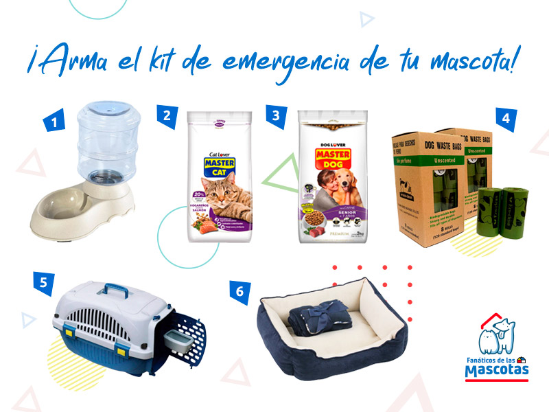 cama para mascota, caja transportadora, bebedero, alimento para perros, alimento para gatos y bolsas para deposiciones para armar un kit de emergencia para mascotas