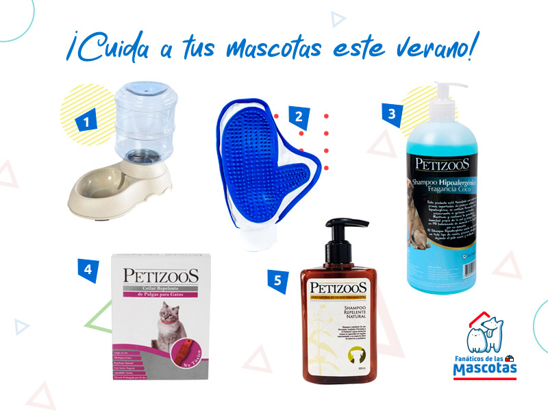 bebedero para mascotas, guante quita pelos, shampoo para perros, collar antipulgas y shampoo petizoos