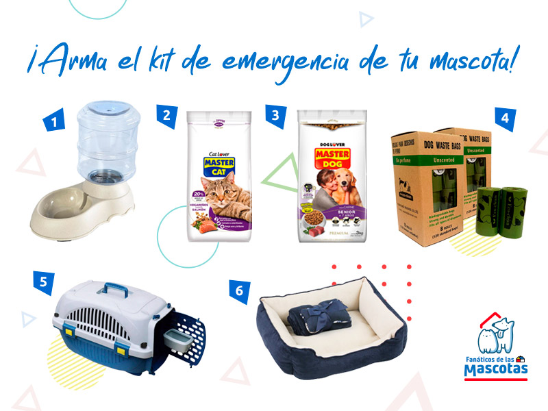 bebedero para mascotas, alimento para gato, alimento para perro, bolsas para deposiciones, caja transportadora y kit de manta, y cama para mascota para armar un kit de emergencia de mascotas para su cuidado y prevención de incendios forestales