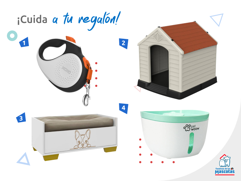 una correa retráctil, una casa para perro, una cama para perro con un diseño de bulldog francés y una fuente de agua para mascotas eléctrica
