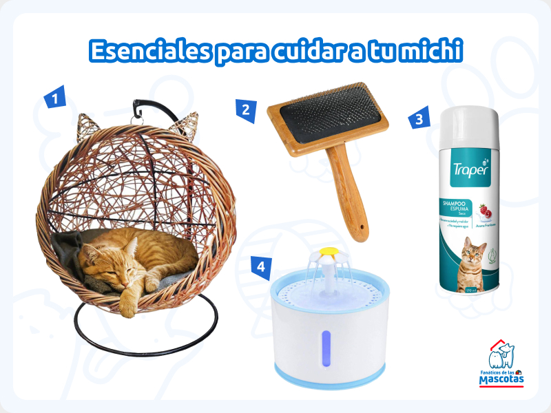 cama para gatos de mimbre, cepillo para mascotas, fuente de agua eléctrica y shampoo seco para gatos