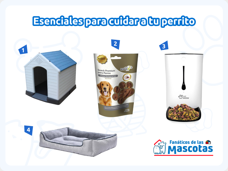 una casa para perros, un snack para perro, un dispensador automático de comida para perros y una cama para mascota